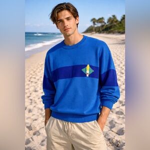 Vintage OP Ocean Pacific Blue Surfer Sweater 80s 90s Stripe Size Large Oversized